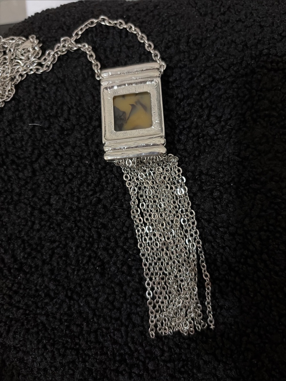 Silver Chain Necklace with Blue Rectangular Pendant and Fringe - Picture 4 of 4